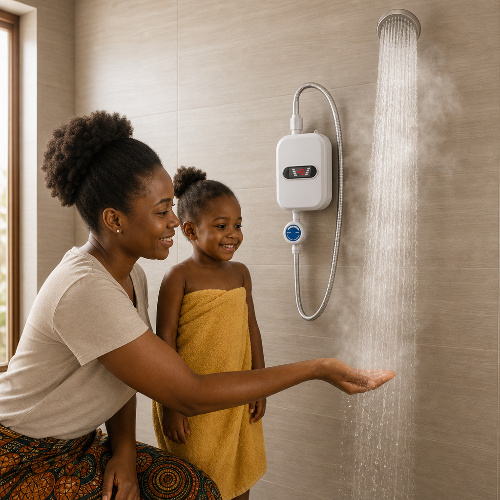 Maman et enfant devant la douche chaude avec le chauffe-eau